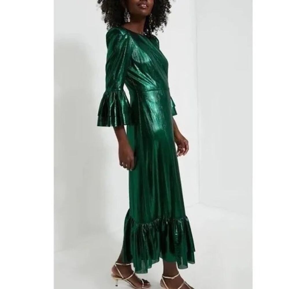 NWT Tuckernuck Pomander Place Lillith Emerald Metallic Pleated Midi Dress S - Picture 2 of 7